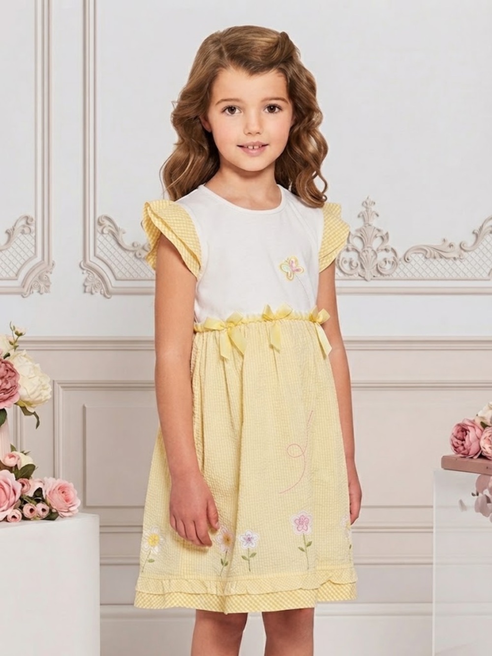 Y2K Emily West Yellow Gingham Dress Floral Butterfly Vintage Summer Spring Sz 8
